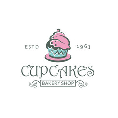 Fototapeta premium label with cupcake for bakery shop isolated on white background