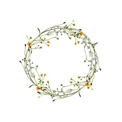 Watercolor wreath of meadow spring plants against white background. Frolar frame for invitation card.