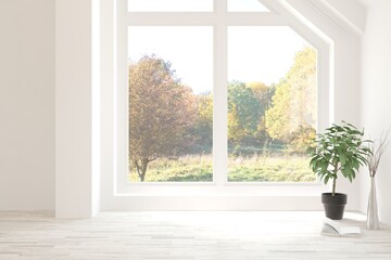 Obraz na płótnie Canvas Stylish empty room in white color with autumn landscape in window. Scandinavian interior design. 3D illustration