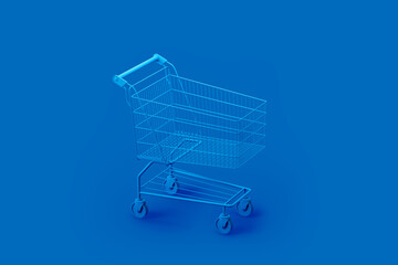 Empty shopping trolley in a store on a blue background. View from above. 3d rendering