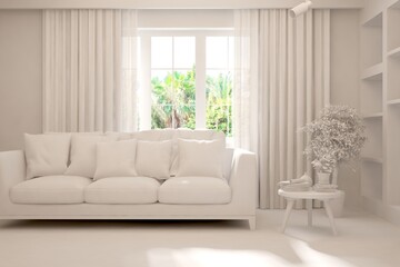 Mock up of stylish room in white color with sofa and green landscape in window. Scandinavian interior design. 3D illustration