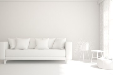White minimalist living room with sofa. Scandinavian interior design. 3D illustration