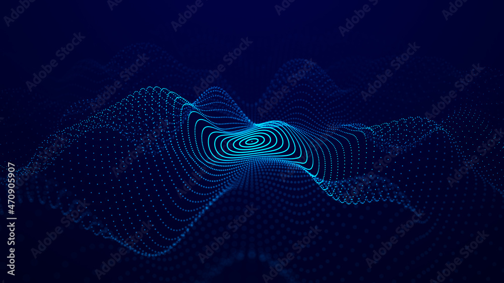 Poster Abstract blue background of points. Wave of particles. Falling cyber particles. Big data stream. 3d rendering