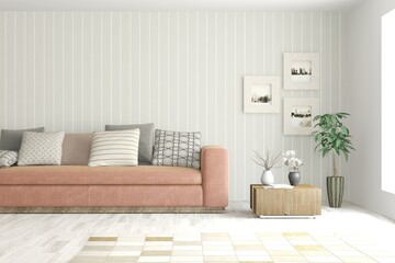 White living room with sofa. Scandinavian interior design. 3D illustration