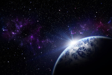 Planets, stars and galaxies in space. Space art, science fiction wallpaper. Sunrise over the planet.