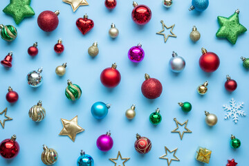 Christmas ball bauble pattern minimal flatlay on blue pastel background top view