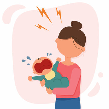 mom with crying baby in flat style