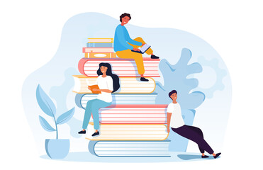 Young women are studying together with stack of books. Cheerful people reading literature immersing at fantasy world on white background. Flat cartoon vector illustration