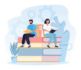 Young man and woman are reading together sitting on stack of giant books. Concept of literature fans or lovers reading together. Flat cartoon vector illustration