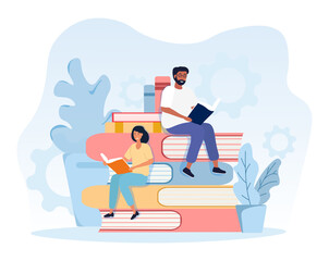 Young man and woman in glasses are reading together sitting on stack of big books. Concept of literature fans or lovers reading together. Flat cartoon vector illustration
