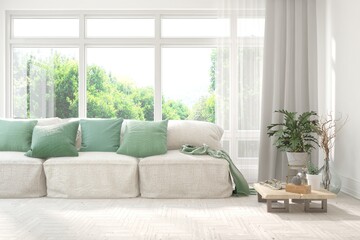 White living room with sofa and summer landscape in window. Scandinavian interior design. 3D illustration