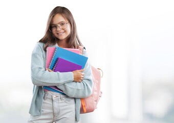 happy teen girl hold school copybook for studying, education