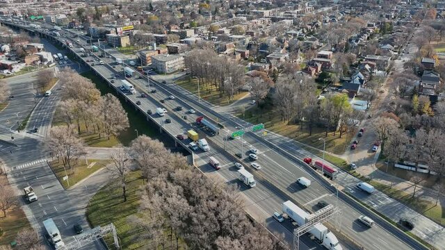  Aerial view of Montreal City highway 40 on morning rush hour