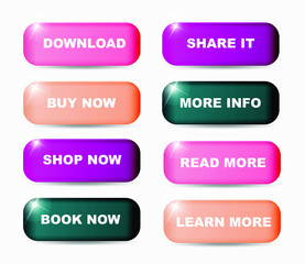Set of volumetric colorful buttons for websites and applications in trendy colors. Vector illustration.