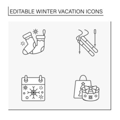 Winter vacation line icons set. Resort. Fun time with family. Skiing, skating. Christmas presents. Special date. Celebration concept. Isolated vector illustration. Editable stroke