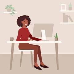 African busineswoman is working remotely and using the computer. Concept of freelance and remote occupation. Vector flat illustration.