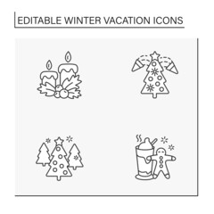Winter vacation line icons set. Christmas atmosphere. Candles, eve, hot chocolate with gingerbread. Christmas presents. Special date. Celebration concept. Isolated vector illustration. Editable stroke