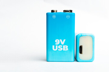 9v usb rechargeable battery on white background