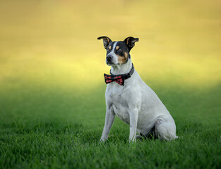 beautiful dog with a bow on his neck on a background of green grass.