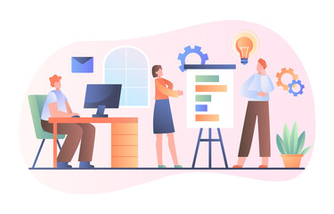 Young team is planning business together. Concept of planning project marketing strategy. sharing ideas, preparing presentations, coaching. Flat cartoon vector illustration