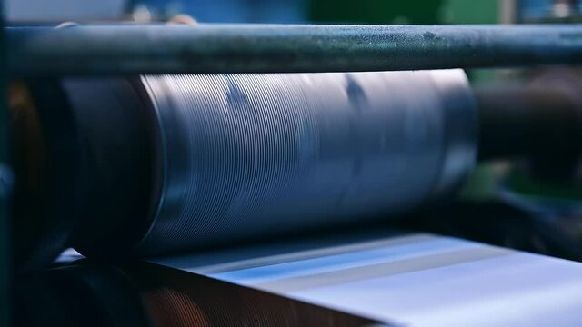 Big shaft with little ridges is spinning quickly. The large rotating shaft in the production of diapers.