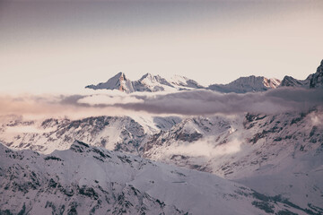 amazing snow covered peaks in the Swiss alps Jungfrau region from Schilthorn