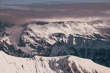 amazing snow covered peaks in the Swiss alps Jungfrau region from Schilthorn
