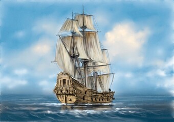 Fototapeta na wymiar Watercolor paintings sea landscape, old ship in the sea. Fine art