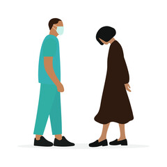 Male character in medical uniform and medical mask and female character with lowered head together on a white background