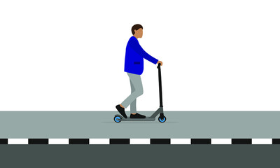 Fototapeta premium Male character in business suit riding scooter on sidewalk on white background