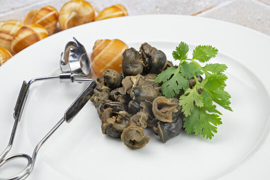 escargots de Bourgogne cuits dans une assiette blanche