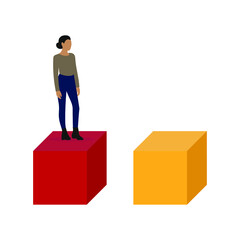 Female character stands on one of two huge cubes on a white background