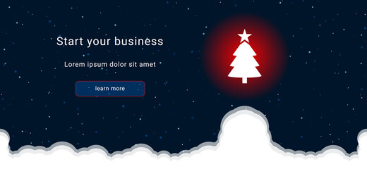 Business startup concept Landing page screen. The Christmas tree on the right is highlighted in bright red. Vector illustration on dark blue background with stars and curly clouds from below