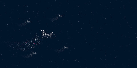 A sleigh symbol filled with dots flies through the stars leaving a trail behind. Four small symbols around. Empty space for text on the right. Vector illustration on dark blue background with stars