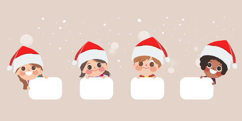 Merry christmas label banner collection with cute cartoon people.