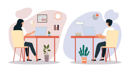 Set of freelancers. Man and girl sitting at table in front of laptop. Remote employees. Teamwork, coworking, company, comfortable workplace. Home, apartment. Cartoon flat vector illustration