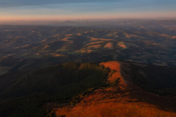 Sunset in Carpathians mountains Aerial view