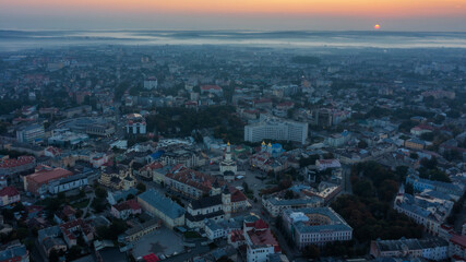 Aerial view on Ivano-Frankivsk with sun