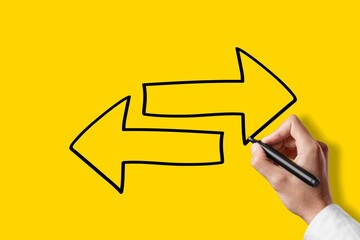 Improvement and change management. Businessman draws arrow panel on background