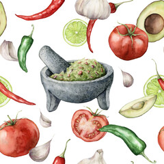 Watercolor food seamless pattern of guacamole and vegetables. Hand painted tomato, pepper, avocado, garlic isolated on white background. Kitchen illustration for design, print, fabric or background.