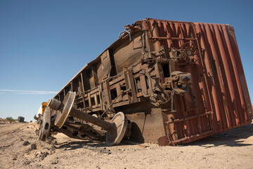 Fototapeta na wymiar Freight Train Derailment crash in Mojave Desert due to high wind 