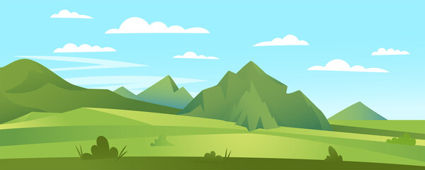 Obraz premium Cartoon flat panorama of spring summer beautiful nature, green grasslands meadow with mountains on horizon background, summer mountain landscape, dawn over the valley. Vector illustration