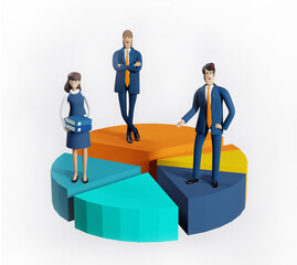 Lots of business people stand at diagram, chart pie. Economy, finance, growth, data analysing, success concept 3D rendering illustration