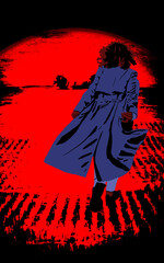 Illustration of a woman in trench coat fleeing. 