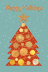 Illustration of a red Christmas tree with gold decorations and snow. 