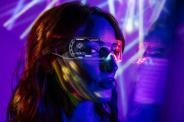 Woman In Neon Lights with Led Glasses