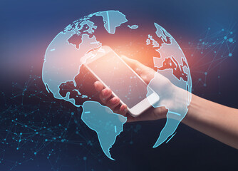 World Globe With Polygonal Dots Wireframe Over Female Hand Holding Smartphone