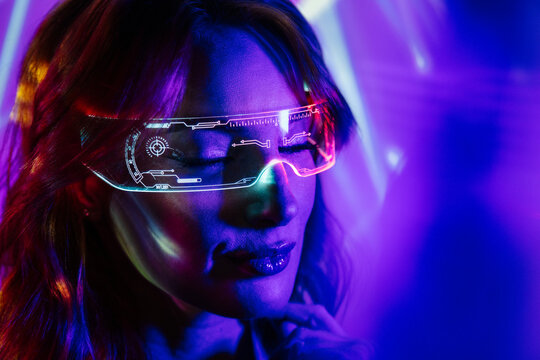 Woman In Neon Lights with Led Glasses