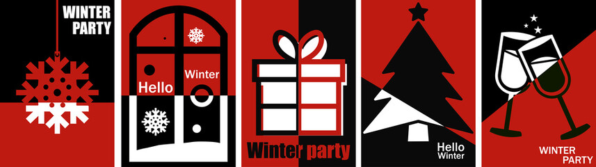 Set of Christmas and New Year holiday cards, banner, web poster, flyer, brochure, greeting cards, group bright covers. Black and red design. Vector
