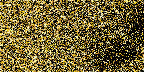 Golden point confetti on a black background. Illustration of a drop of shiny particles. Decorative element.
